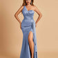 Satin One Shoulder Mermaid Bridesmaid Dresses Side Slit Floor Length
