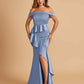 Satin Mermaid Off Shoulder Bridesmaid Dresses With Ruffles Side Slit Floor Length