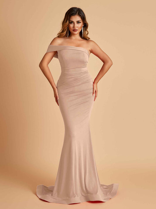 Sexy Jersey One Shoulder Bridesmaid Dresses Mermaid Pleats Floor Length Unique