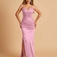 Satin Mermaid Long Bridesmaid Dresses Spaghetti Straps V-neck Side Slit Floor Length For Sale