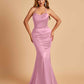 Sexy Satin Mermaid Prom Dresses Spaghetti Straps Scoop Criss-cross Back