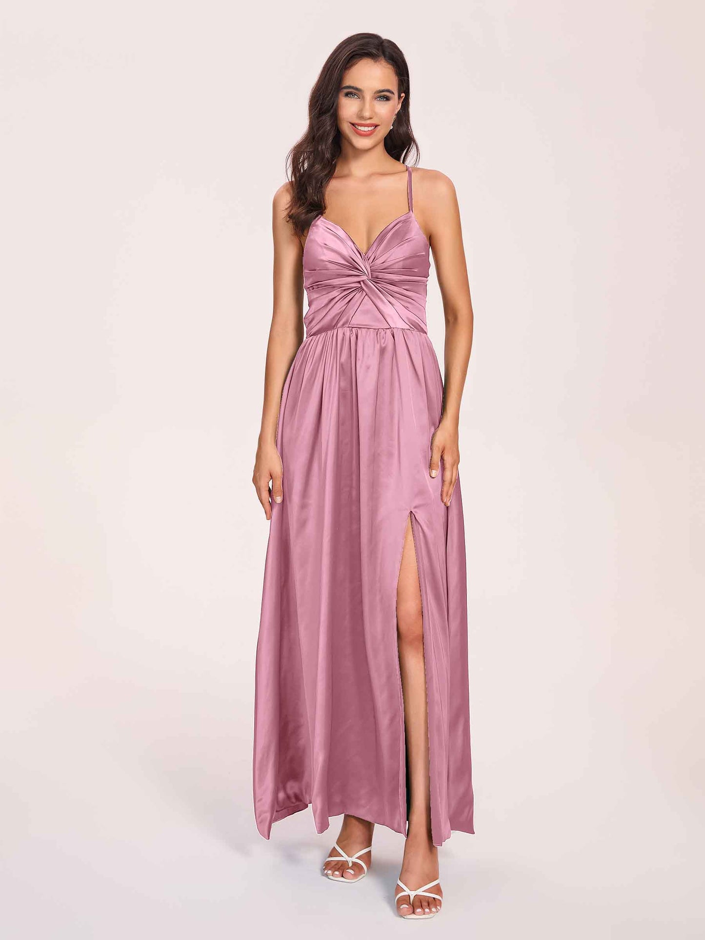 Satin Spaghetti Straps A-line Bridesmaid Dresses Side Slit Floor Length
