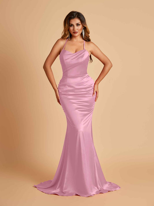 Sexy Satin Mermaid Bridesmaid Dresses Spaghetti Straps Scoop Criss-cross Back