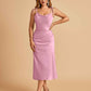Sexy Satin Midi Bridesmaid Dresses Spaghetti Straps Slip Scoop Side Slit