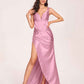 Satin Spaghetti Straps Corset Bridesmaid Dresses Pleats Side-Slit Sheath Floor Length