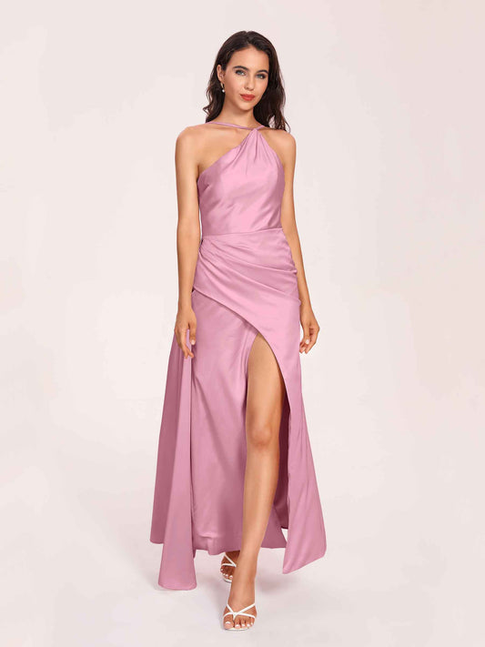 Sexy Satin Halter Strap Sheath Bridesmaid Dresses Side Slit Pleats Floor Length