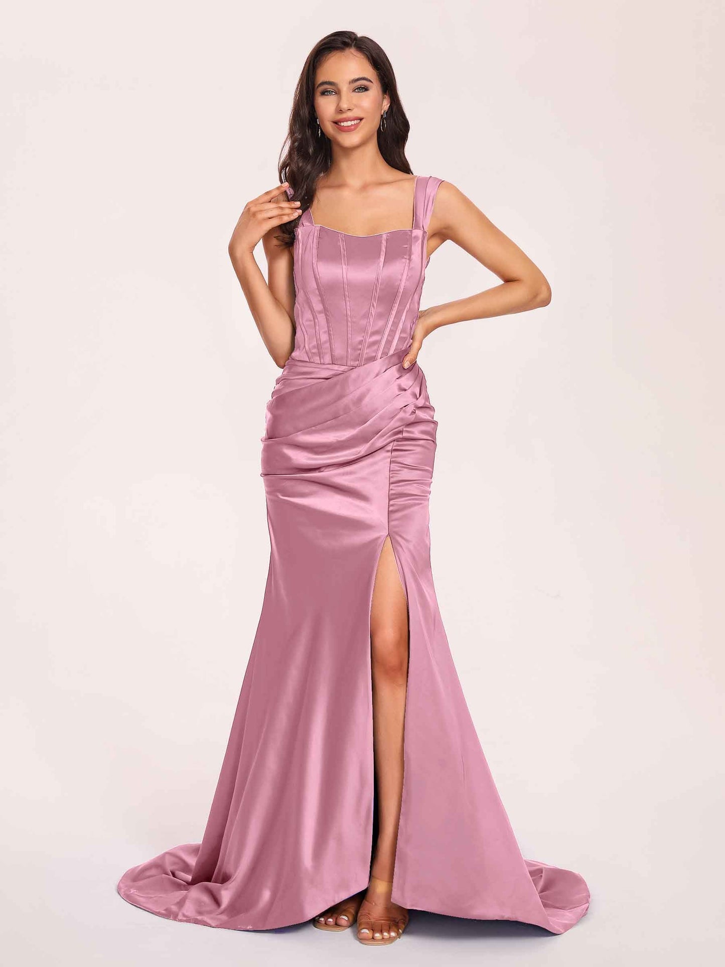Sexy Satin Square Mermaid Prom Dresses Pleats Side-Slit Floor-Length Sleeveless