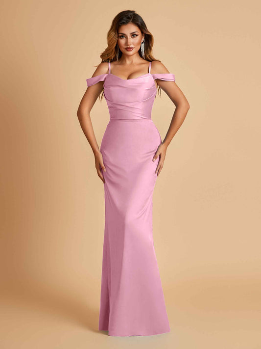 Sexy Off Shoulder Mermaid Long Bridesmaid Dresses Satin Spaghetti Straps Floor Length