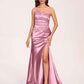 Satin One-shoulder Mermaid Prom Dresses Side Slit Pleats Floor Length