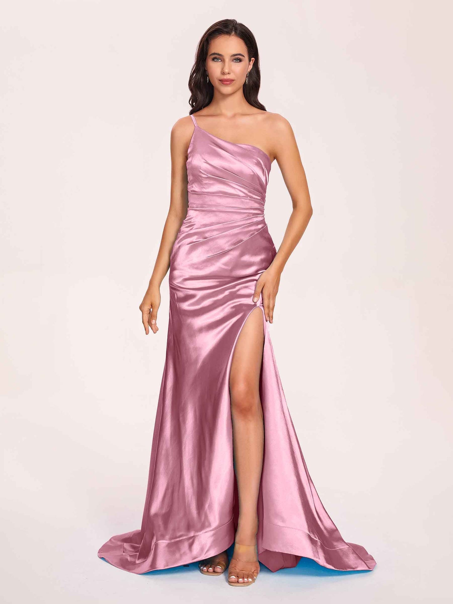 Satin One-shoulder Mermaid Prom Dresses Side Slit Pleats Floor Length
