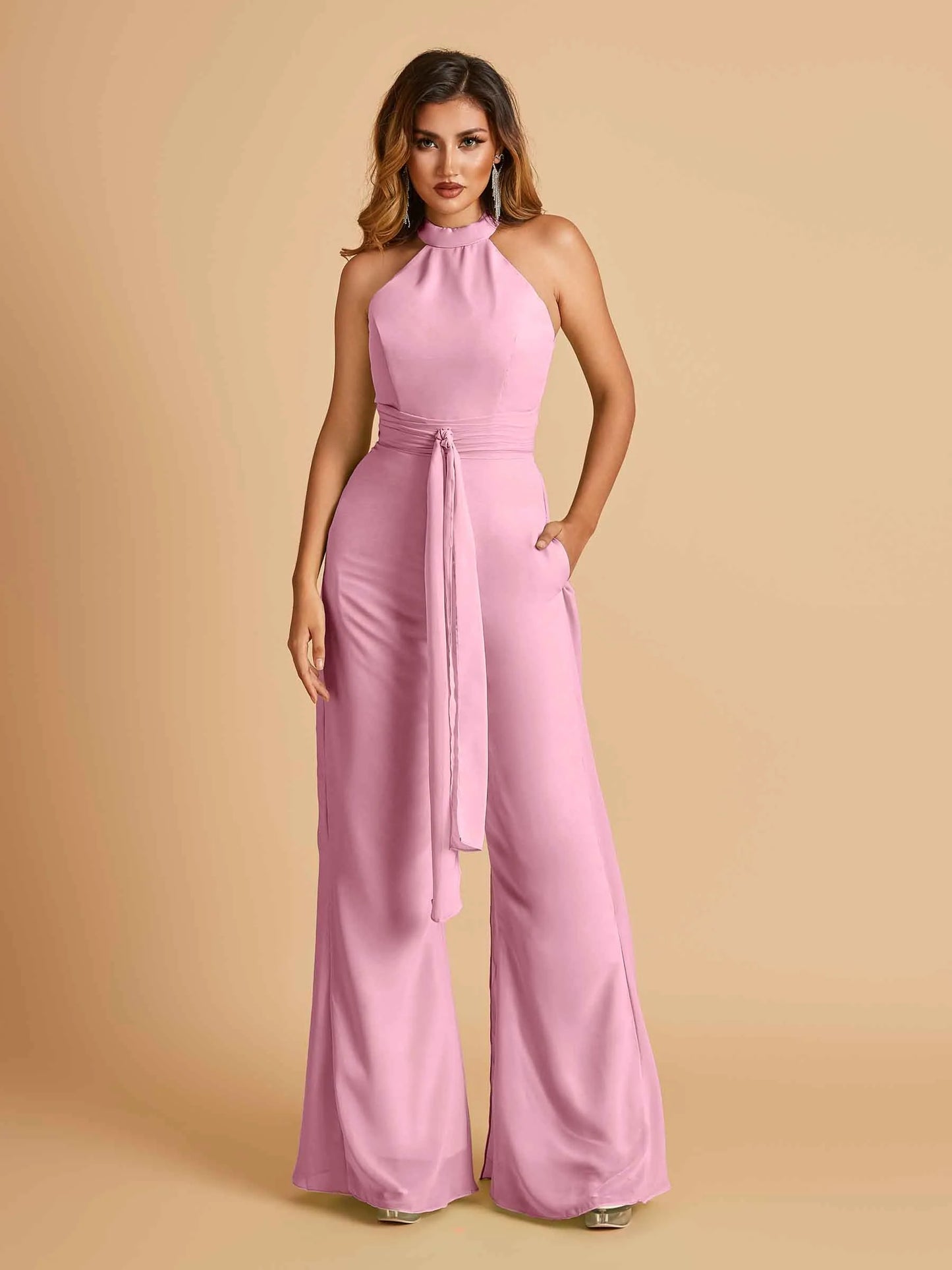 Chiffon Bridesmaid Jumpsuit Jewel Neck Sleeveless Floor Length With Pockets For Sale