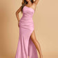 Sexy Strapless Long Bridesmaid Dresses Satin Side Slit Pleats Floor Length Sheath