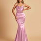 Satin Mermaid Open Back Bridesmaid Dresses Spaghetti Straps Scoop Floor Length