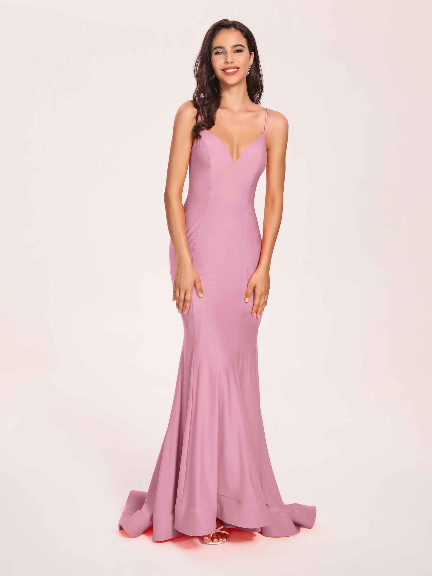 Sexy Satin Mermaid Prom Dresses Spaghetti Straps V-neck Floor Length Lace-up Back