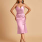 Sexy Satin Midi Mermaid Prom Dresses Spaghetti Straps Slip Side Slit