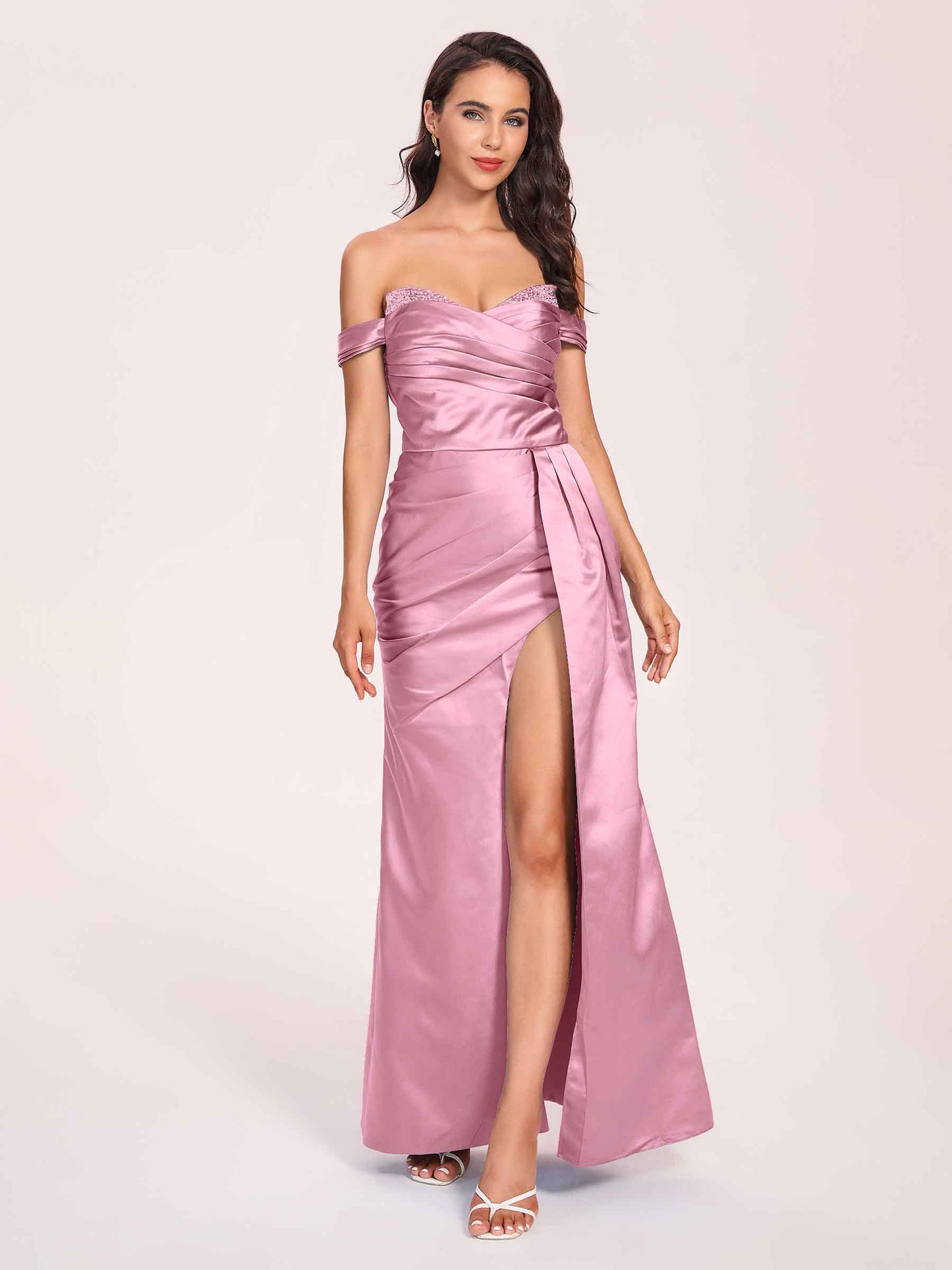 Elegant Satin Off Shoulder Bridesmaid Dresses Side-slit Sweetheart Floor Length Sheath