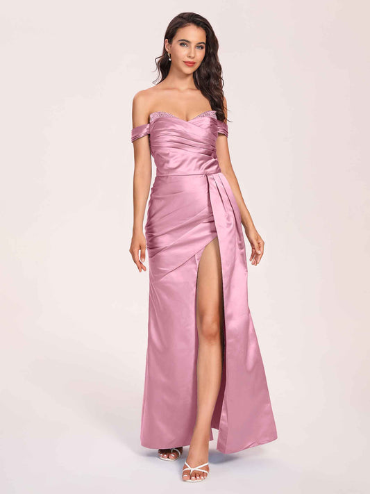 Elegant Satin Off Shoulder Bridesmaid Dresses Side-slit Sweetheart Floor Length Sheath