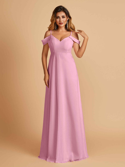 Chiffon Off-shoulder Long Bridesmaid Dresses V-neck Floor Length A-line