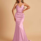 Sexy Satin Mermaid Prom Dresses Spaghetti Straps V-neck Pleats Floor Length