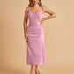 Sexy Satin Midi Prom Dresses Spaghetti Straps Slip Scoop Side Slit