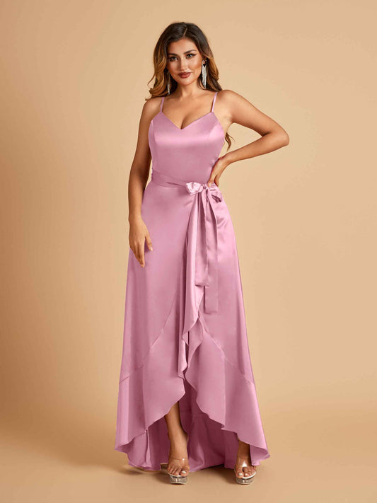 Satin Asymmetric V-neck Bridesmaid Dresses Sleeveless Side Slit A-line Unique