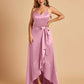 Satin Asymmetric V-neck Bridesmaid Dresses Sleeveless Side Slit A-line Unique For Sale