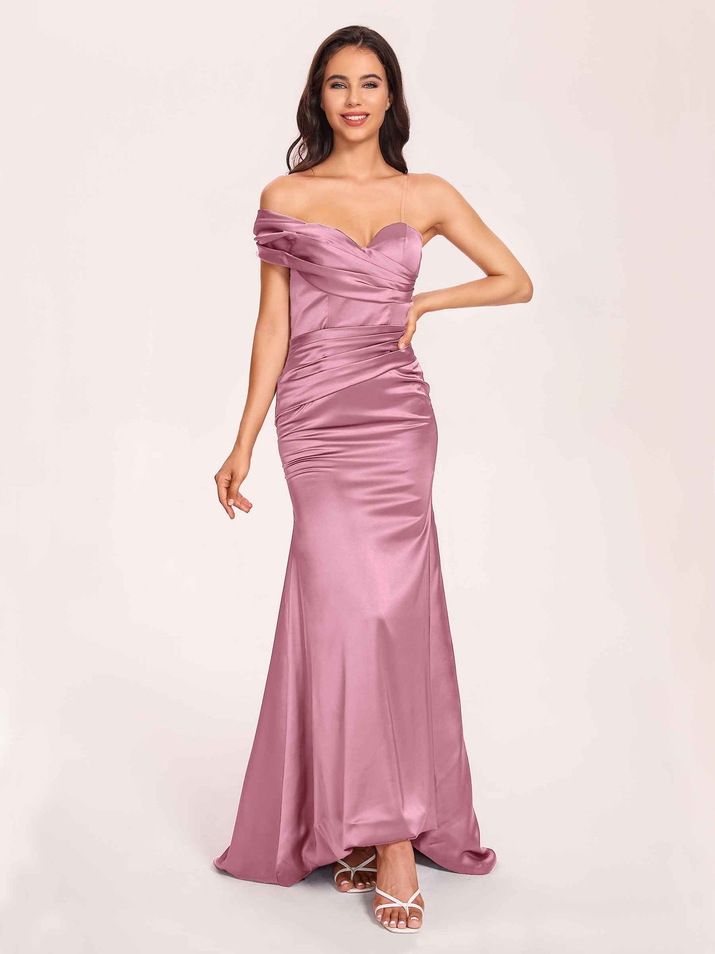 Satin One-shoulder Bridesmaid Dresses Pleats Floor Length Mermaid Long