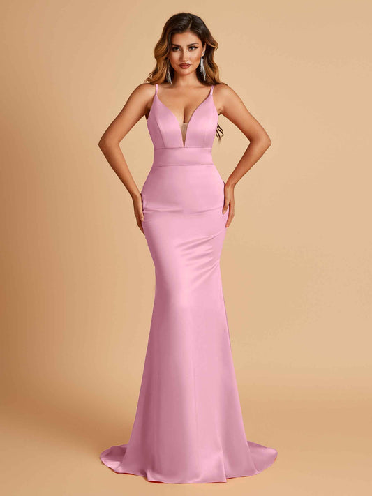 Satin Deep V-neck Mermaid Bridesmaid Dresses Open Back Floor Length