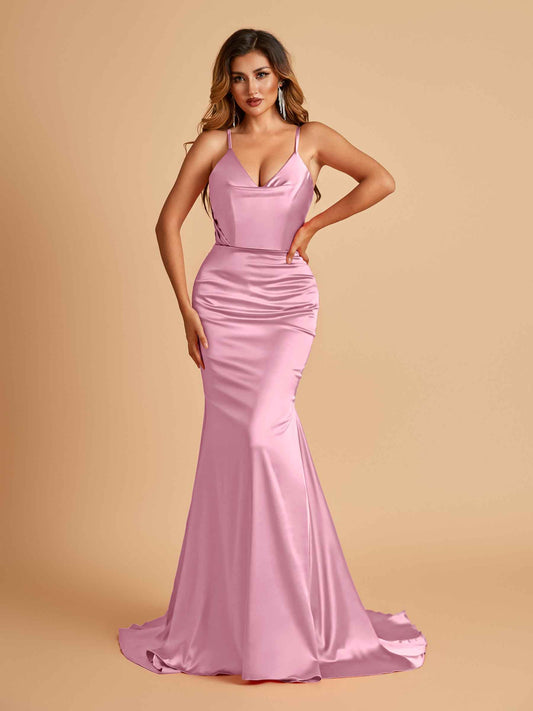 Sexy Satin Mermaid Bridesmaid Dresses Spaghetti Straps V-neck Pleats Floor Length