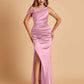 Unique Satin One Shoulder Prom Dresses Side Slit Half Open Back Floor Length
