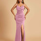 Sexy Satin Mermaid Bridesmaid Dresses Spaghetti Straps V-neck Side Slit Floor Length