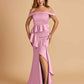 Satin Mermaid Off Shoulder Bridesmaid Dresses With Ruffles Side Slit Floor Length