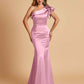 Satin One-shoulder Bridesmaid Dresses Ruffle Sleeves Mermaid Floor Length For Sale
