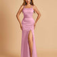 Satin Mermaid Long Bridesmaid Dresses Spaghetti Straps Scoop Side Slit Criss-cross Back
