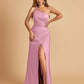 Satin One Shoulder Sheath Prom Dresses Spaghetti Straps Side Slit Floor Length