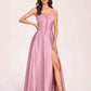 Satin V-neck A-line Prom Dresses Side slit Floor Length
