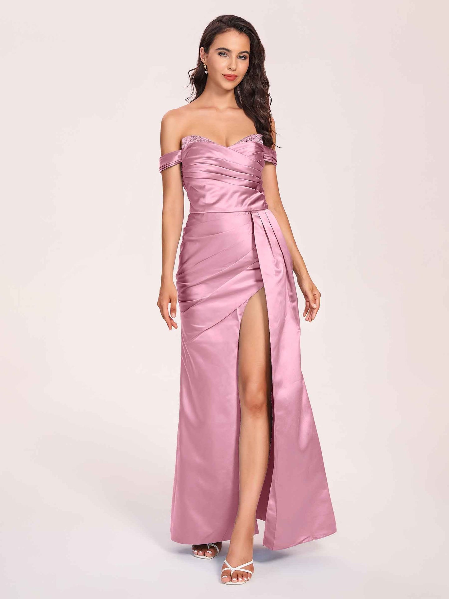 Elegant Satin Off Shoulder Prom Dresses Side-slit Sweetheart Floor Length Sheath