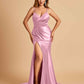 Satin Mermaid V-neck Prom Dresses Spaghetti Straps Side Slit Floor Length