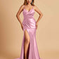 Satin Mermaid V-neck Bridesmaid Dresses Spaghetti Straps Side Slit Floor Length