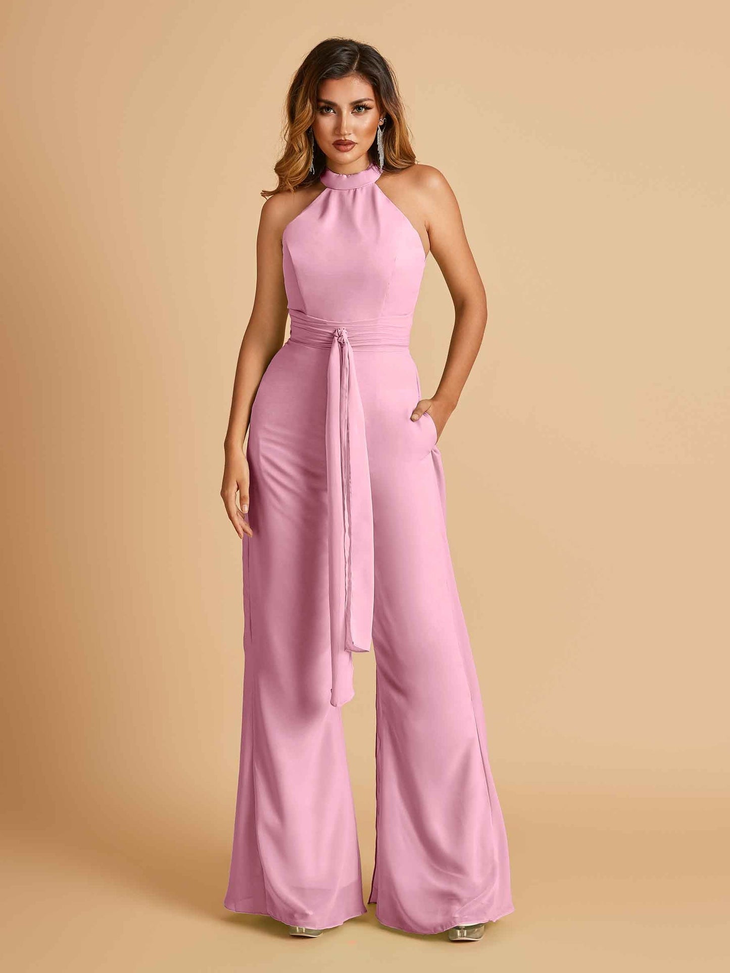 Chiffon Prom Jumpsuit Jewel Neck Sleeveless Floor Length With Pockets