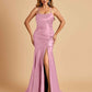 Sexy Satin Mermaid Prom Dresses Spaghetti Straps Scoop Side Slit Criss-cross Back
