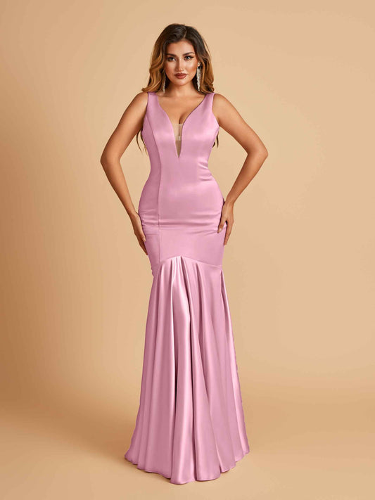Satin Deep V-neck Mermaid Bridesmaid Dresses Half Open Back Floor Length