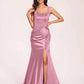 Sexy Satin Square Mermaid Bridesmaid Dresses Pleats Side-Slit Floor-Length Sleeveless