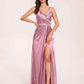 Sexy Satin A-line Prom Dresses Spaghetti Straps Side Slit V-neck Floor Length