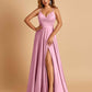 Satin A-line Long Prom Dresses Spaghetti Straps V-neck Side Slit Floor Length
