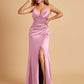 Sexy Satin Sheath Bridesmaid Dresses Spaghetti Straps V-neck Side Slit Pleats Floor Length For Sale
