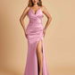 Sexy Satin Mermaid Long Prom Dresses Spaghetti Straps Sweetheart Side Slit Criss-cross Back