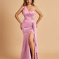 Satin One Shoulder Mermaid Bridesmaid Dresses Side Slit Floor Length For Sale