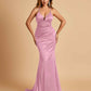 Satin Mermaid Open-back Prom Dresses Spaghetti Straps V-neck With Pleats Floor Length