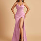 Sexy Satin Mermaid Prom Dresses Spaghetti Straps Sweetheart Side Slit Criss-cross Back
